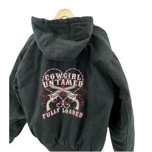 Cowgirl Hardware Heavy Canvas Coat Women's Large Black‎ Embroidered Rhinestones